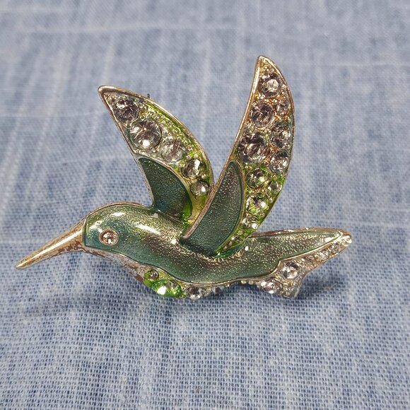 1950s Vintage Humming Bird Pin with Clear Rhinestones and Green Enamel - Picture 1 of 4